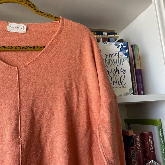 Dreamers | Orange Slouchy High Low Ribbed Detail V-neck Sweater - Picture 5 of 12